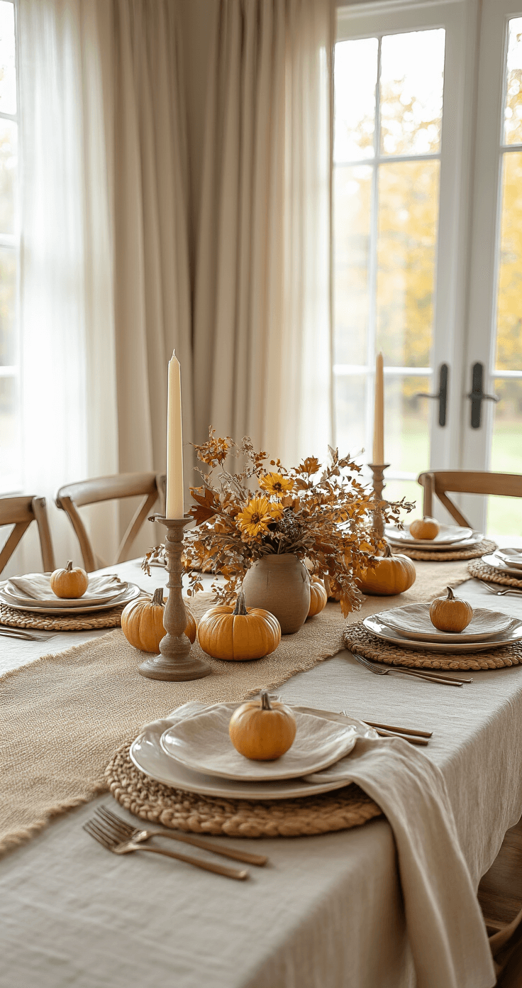 Elegant dining room tablescape featuring a warm earth-tone linen tablecloth with a harvest-themed burlap runner, layered woven placemats, and rustic wooden chargers, all arranged in a rich burgundy, golden yellow, and creamy ivory color palette. Soft afternoon light streams through sheer curtains, creating an intimate candlelit atmosphere in an overhead shot.