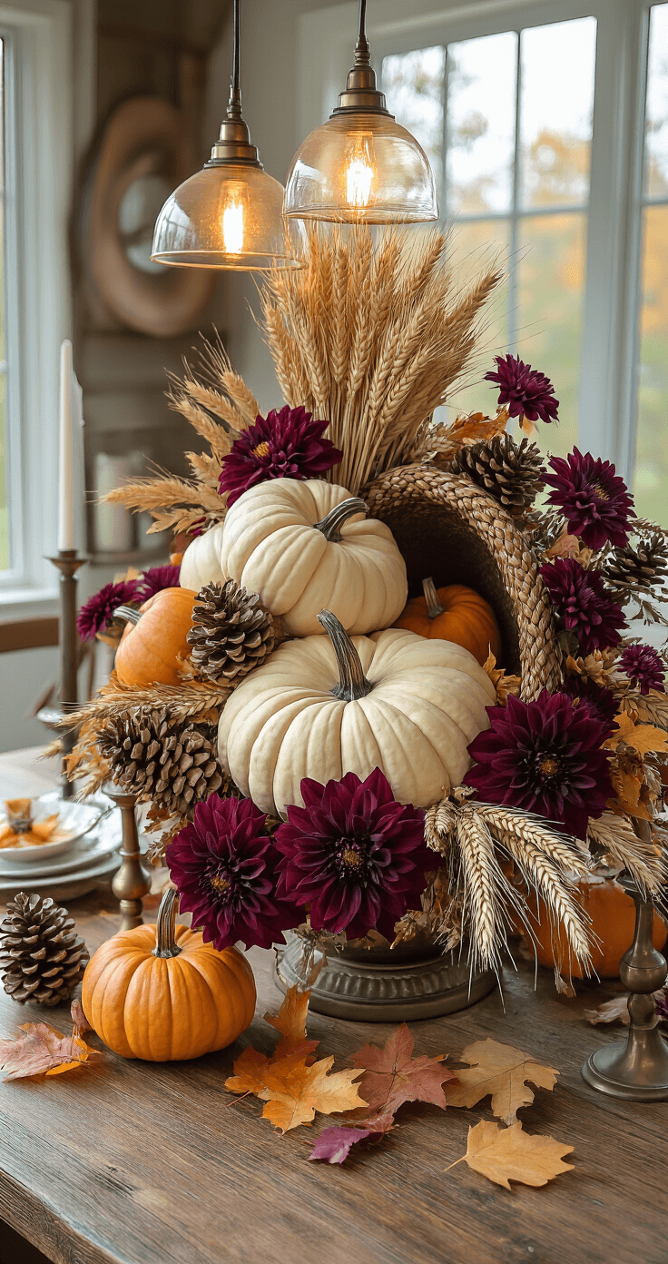 A close-up view of a stunning dining table centerpiece featuring a large cornucopia overflowing with velvet pumpkins, dried wheat stalks, and burgundy dahlias, with brass candlesticks and scattered autumn leaves on a reclaimed wood table, all illuminated by warm pendant lighting in a moody atmosphere.