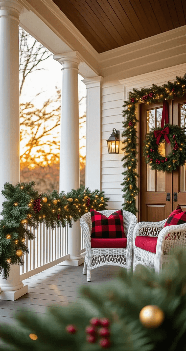 Front porch decorated for the holidays at golden hour, featuring lush evergreen garland with LED lights, burgundy berry clusters, and metallic gold ornaments. White wicker furniture with red plaid cushions, natural pine wreaths on double doors with velvet ribbons, and craftsman-style columns enhance the cozy, magazine-worthy atmosphere.