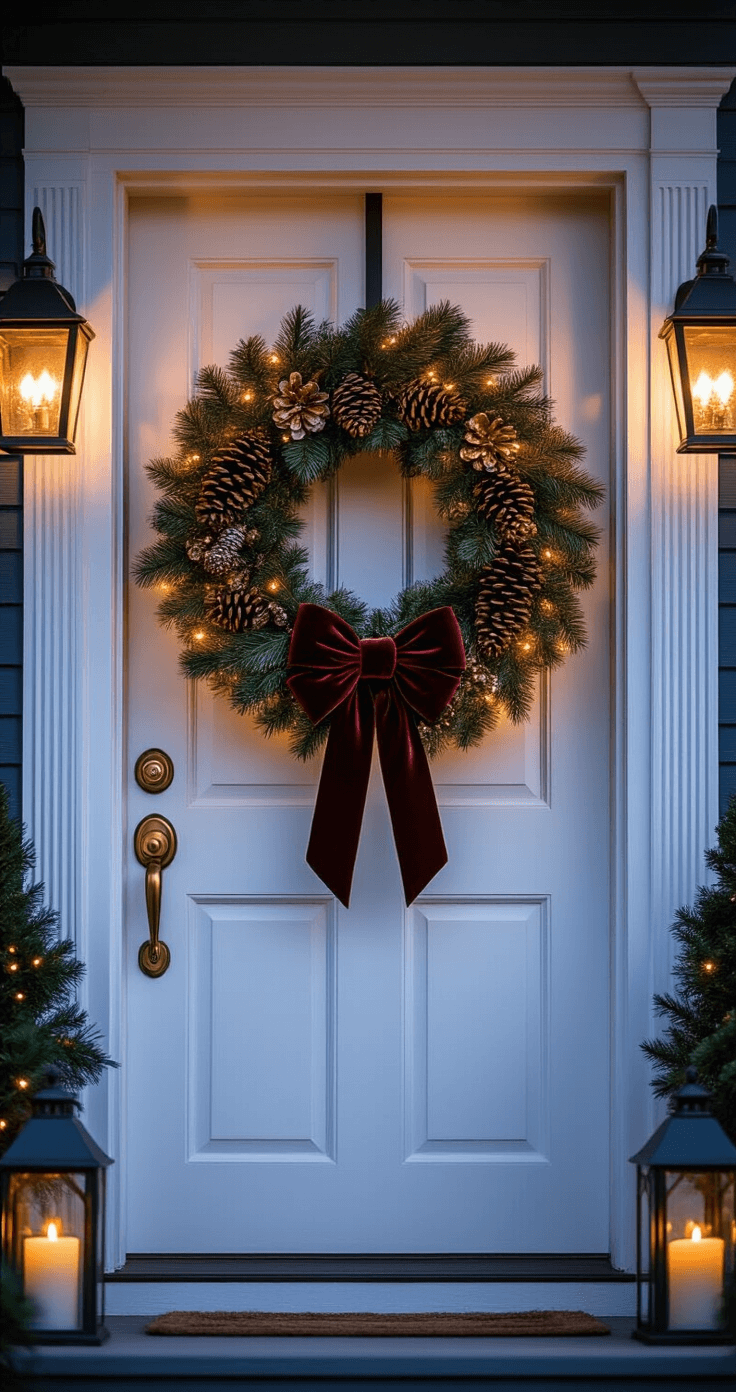 Elegant close-up of a white front door adorned with an oversized pre-lit Christmas wreath featuring mixed evergreen textures, pinecones, and a rich burgundy velvet bow, all highlighted by warm porch lighting and flickering lanterns, set against a deep forest green and gold color palette.