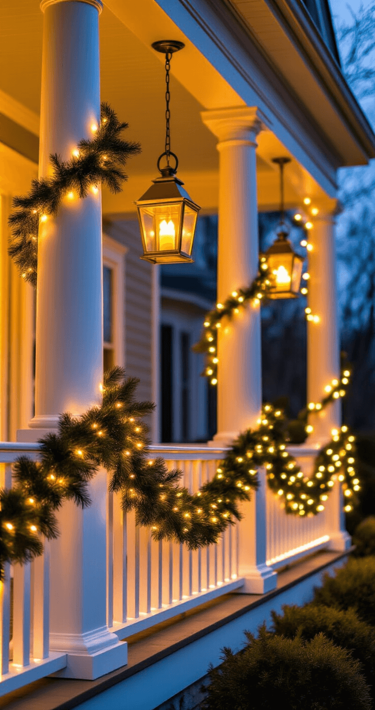 Dramatic evening porch lighting featuring warm LED string lights on white columns, brass lanterns with battery candles, and evergreen garlands, showcasing a magical glow and rich color palette for a holiday display.