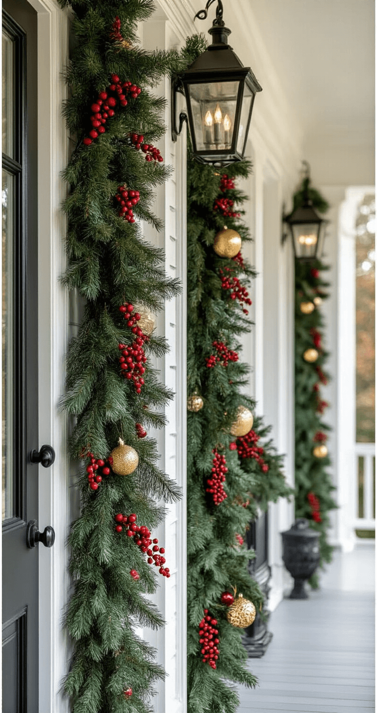 Sophisticated holiday porch styling featuring deep forest green garlands with red berry accents, crisp white architecture, gold ornaments, and black wrought iron details, all arranged in an elegant, uncluttered composition with natural textures and balanced lighting.