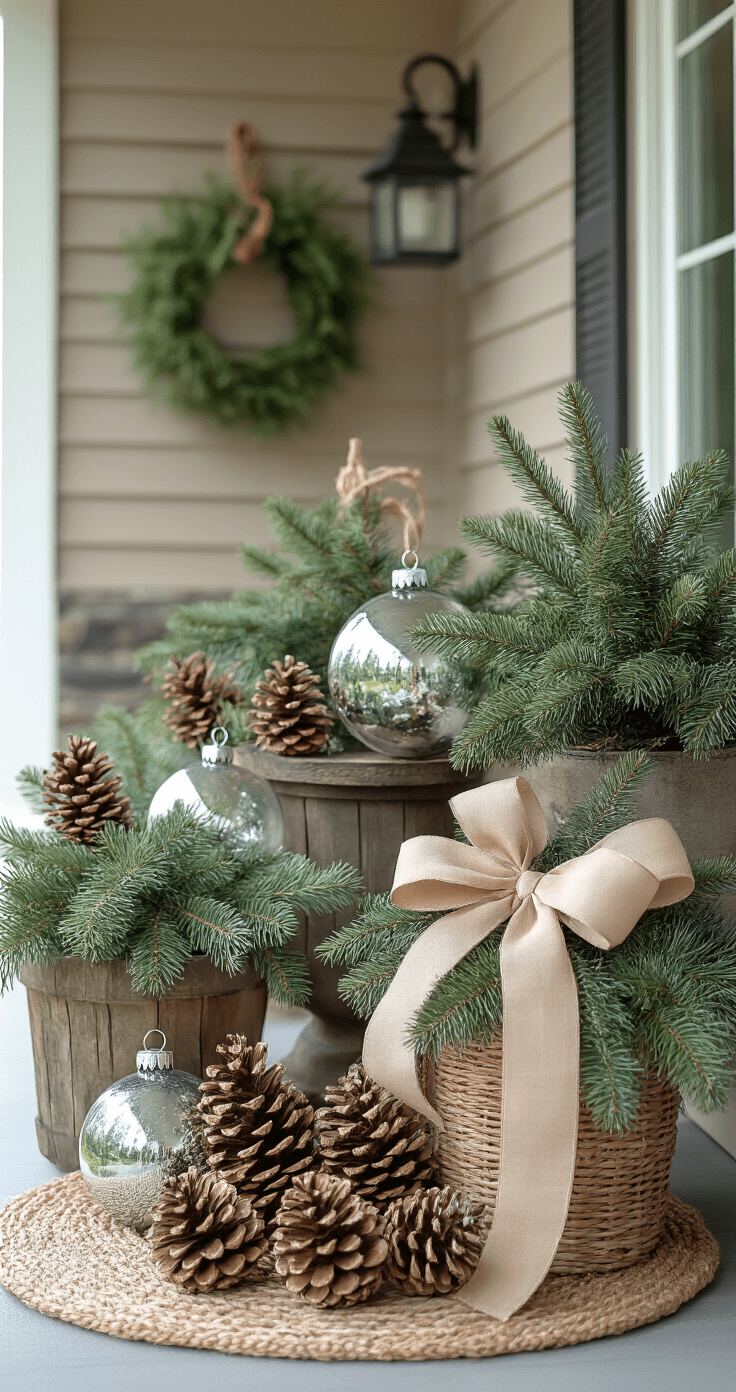 Expertly styled porch decor featuring layered textures of glass ornaments, pinecones, and ribbons, arranged in clusters of varying heights and materials, beautifully illuminated by warm natural light.