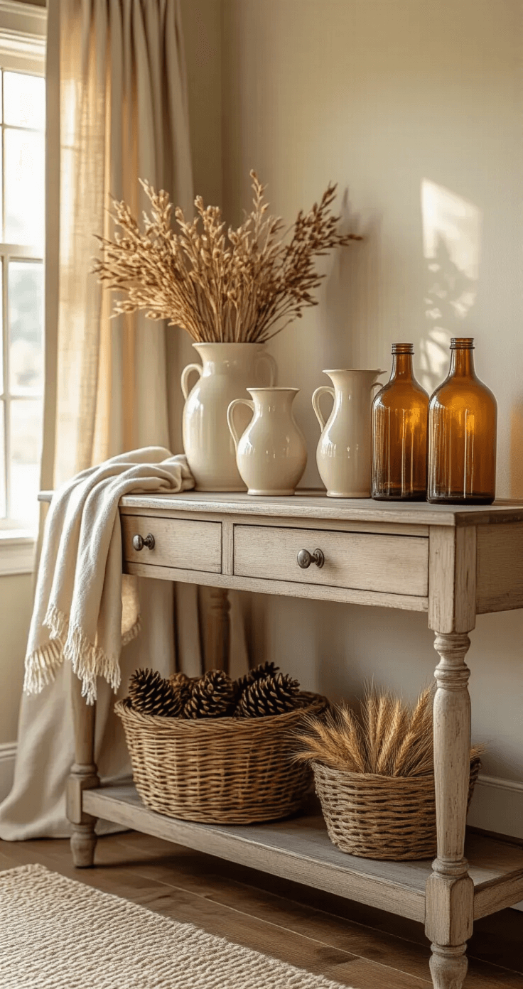 A cozy vintage farmhouse living room bathed in warm golden-hour light, featuring a weathered console table adorned with cream ironstone pitchers and amber glass bottles, a distressed leather armchair draped with a soft linen throw, and a rustic basket filled with autumn pinecones and dried wheat, all complemented by textured linen curtains and soft shadows from a vintage copper lantern.