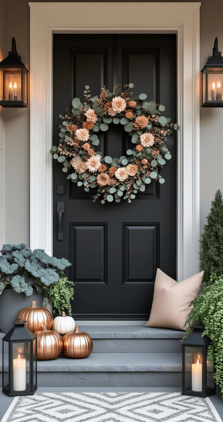 Moody fall front door styling with a matte black door, oversized eucalyptus and blush-toned dried flower wreath, asymmetric cluster of mixed metallic pumpkins on bluestone steps, modern planters with ornamental kale and ivy, minimalist gray outdoor rug, sleek black metal lanterns with LED candles, and a decorative throw pillow in autumn-inspired pattern, captured in soft natural light.
