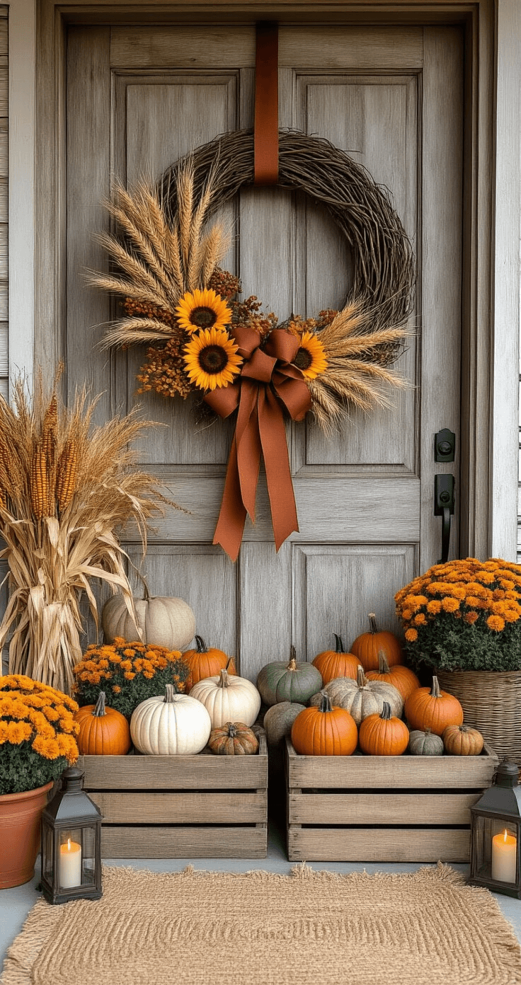 Rustic farmhouse-inspired fall front door arrangement featuring a grapevine wreath with dried wheat and sunflowers on a weathered wood door, vintage wooden crates with heirloom pumpkins, terra cotta planters with mums, layered outdoor rugs, antique brass lanterns, a woven basket with cornstalks, and a hand-knitted throw on a wooden bench, captured in soft, diffused natural light to emphasize organic materials and rustic charm.