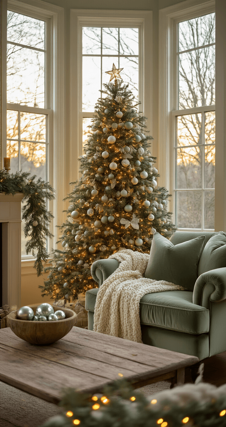 A warm living room at dusk featuring a bay window with golden hour light, a 9-foot Christmas tree adorned with sage green and silver ornaments, a chunky knit blanket on a velvet armchair, and a coffee table with mercury glass ornaments. Soft string lights illuminate a eucalyptus garland on the mantel, captured from a low angle with soft focus in the background and sharp details on textiles in the foreground.
