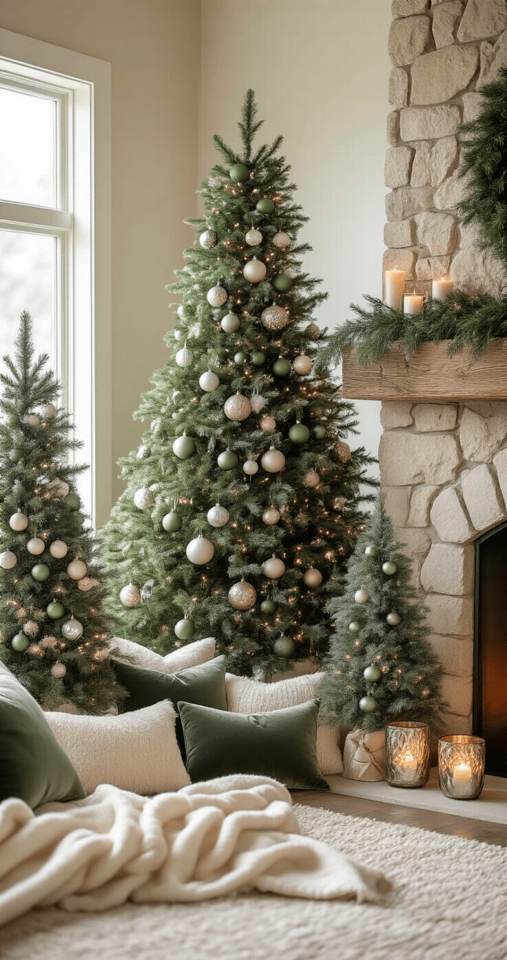 Intimate Christmas scene showcasing a main family tree and two smaller accent trees beside a rustic stone fireplace, adorned with matte and glossy sage green ornaments and silver baubles. The cozy ambiance features soft cream and natural wood tones, plush velvet throw pillows, a loosely folded cashmere blanket, and warm candlelight from mercury glass votives, all captured with a Leica wide-angle lens in soft, diffused early evening light.