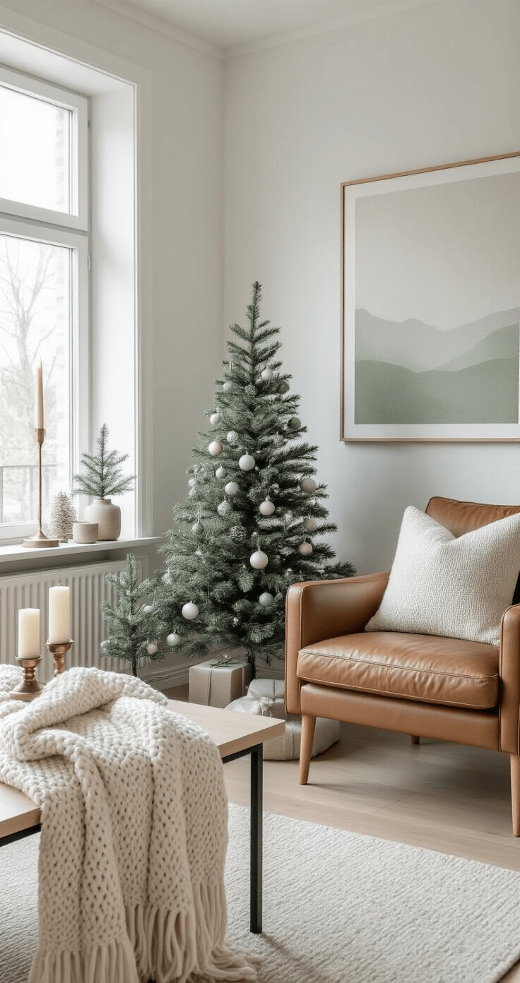 Minimalist Scandinavian-inspired Christmas living room featuring soft white walls, light oak floors, and strategically placed miniature Christmas trees adorned with sage green and silver ornaments, with large windows allowing natural light to highlight a chunky knit throw and linen pillows. Vintage brass candle holders with battery-operated candles create a warm glow, complemented by an oversized abstract art piece in subtle sage tones and a modern leather armchair with a folded cream wool blanket, captured in a low angle shot to emphasize clean lines and negative space.