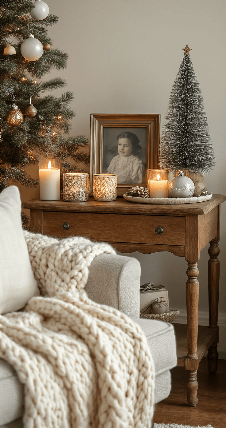 Cozy living room corner decorated for Christmas, featuring a vintage wooden side table with a family photograph, mismatched candle holders, a small tabletop tree, and handmade ceramic ornaments alongside mercury glass pieces. A cream chunky knit blanket drapes over a mid-century modern chair, while soft side lighting enhances the warm atmosphere, highlighting vintage family memorabilia integrated into the decor. The nostalgic scene is captured in soft focus with warm amber and sage tones.