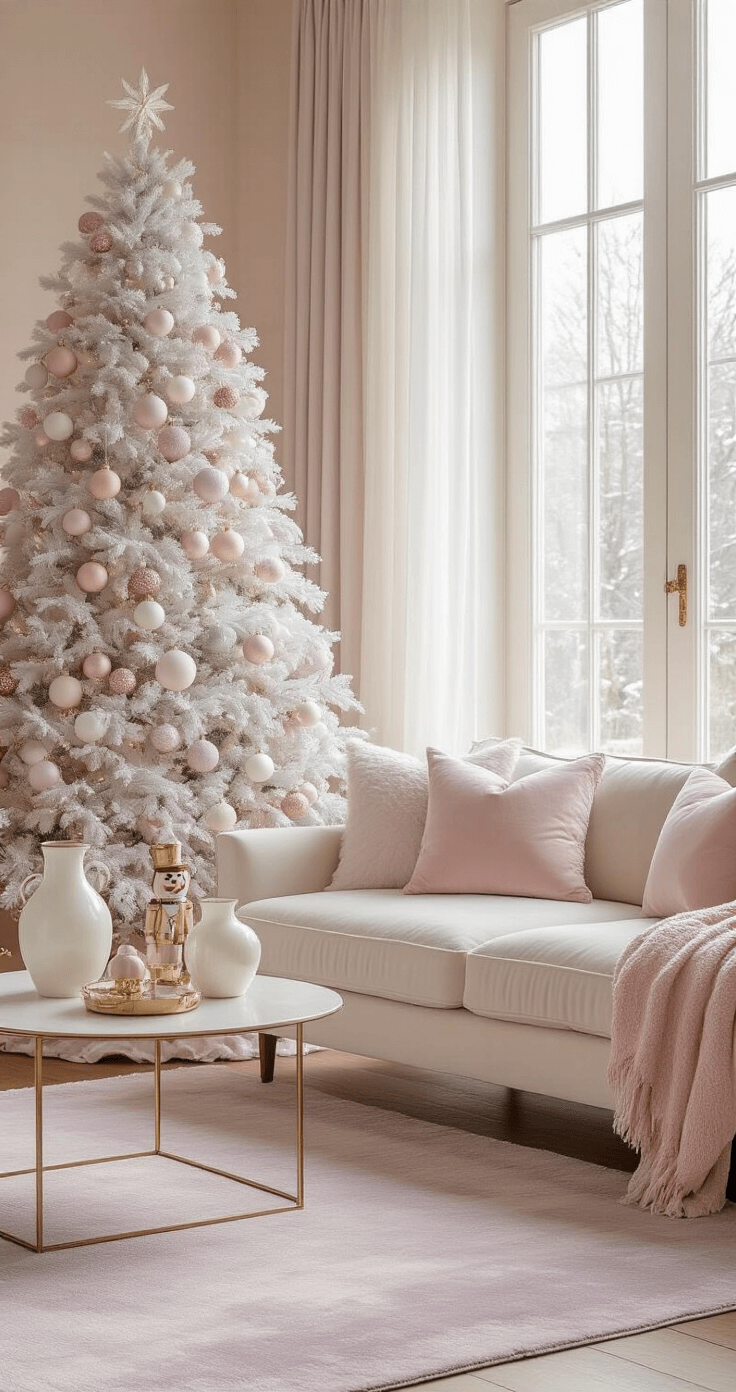 Photorealistic pastel Christmas living room featuring a large white flocked tree with delicate ornaments, a cream velvet sectional sofa with pastel pillows, vintage milk glass vases, and gold accents, all illuminated by soft natural light filtering through floor-to-ceiling windows.