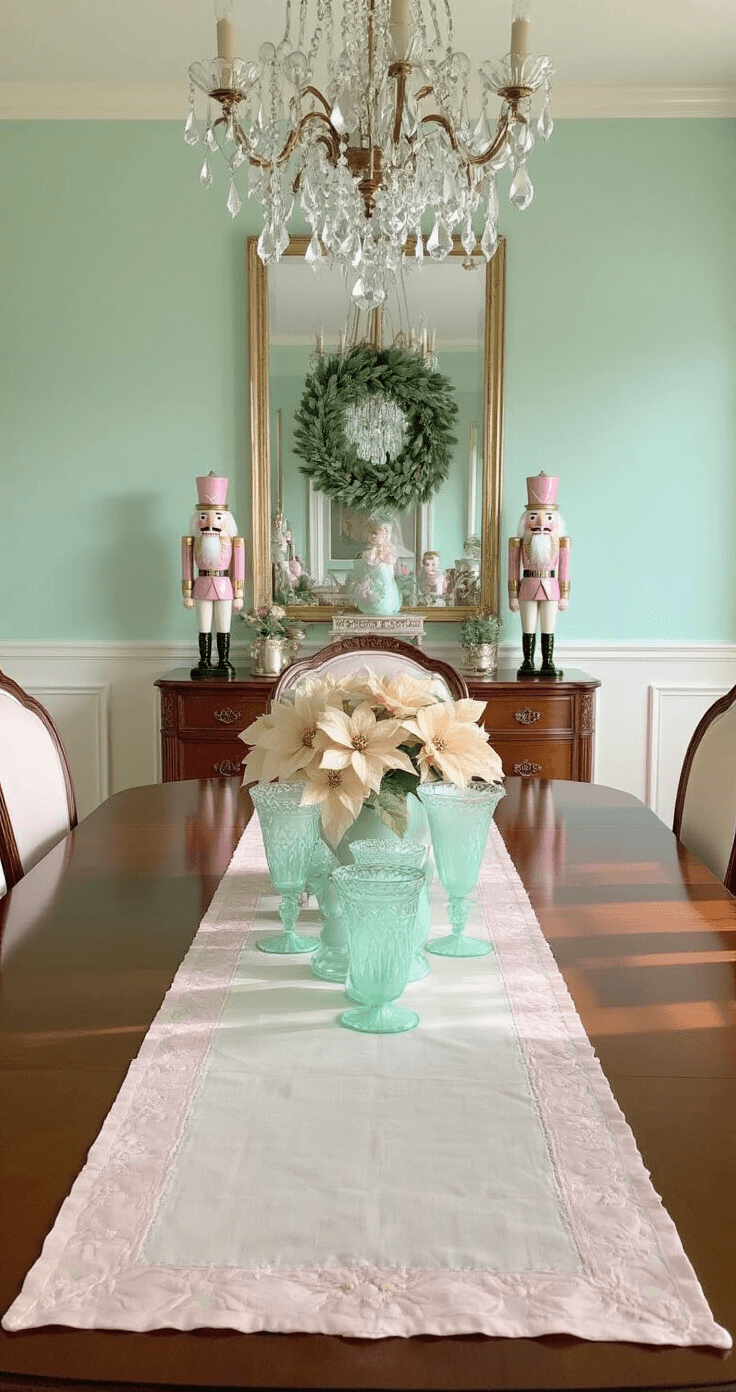 Elegant Christmas dining room with mint green walls, cream wainscoting, a mahogany table adorned with a pastel milk glass centerpiece and frosted ornaments, silver and blush pink table runner, pastel nutcracker figurines, crystal chandelier, oversized pastel wreaths, and silk poinsettias in gold vases, all bathed in soft afternoon light.