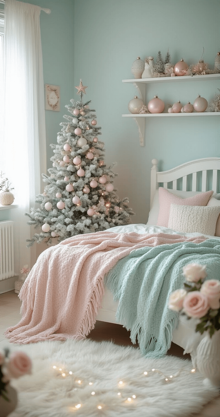 Cozy pastel Christmas bedroom vignette featuring pale blue walls, a white wooden bed with layered blush pink and mint green throw blankets, vintage pastel ornaments on white shelves, a small decorated Christmas tree, a cream faux fur rug, soft fairy lights, a coffee filter rose bouquet in a vintage milk glass vase, and natural light filtering through sheer curtains.