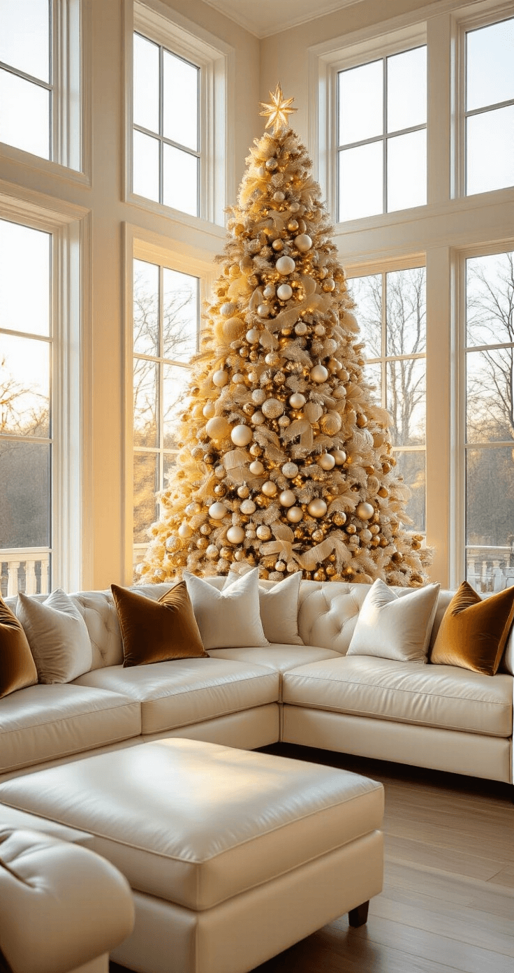 Ultra-luxurious living room featuring a 7-foot Christmas tree adorned with cream and gold ornaments, bathed in warm golden hour light, with elegant velvet throw pillows on a cream leather sectional and hardwood floors.