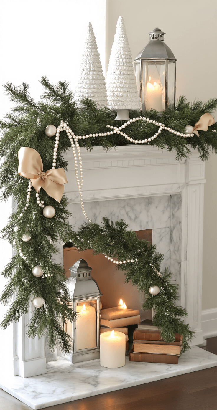 Close-up view of an elegant mantel adorned with fresh evergreen garland, pearl beaded strands, and muted gold silk ribbon. Asymmetrically placed white ceramic trees of varying heights complement a large silver lantern and stacked vintage books on opposite sides. Warm white flameless candles cast a soft glow against a marble fireplace surround, highlighting the layered textures and intentional styling.