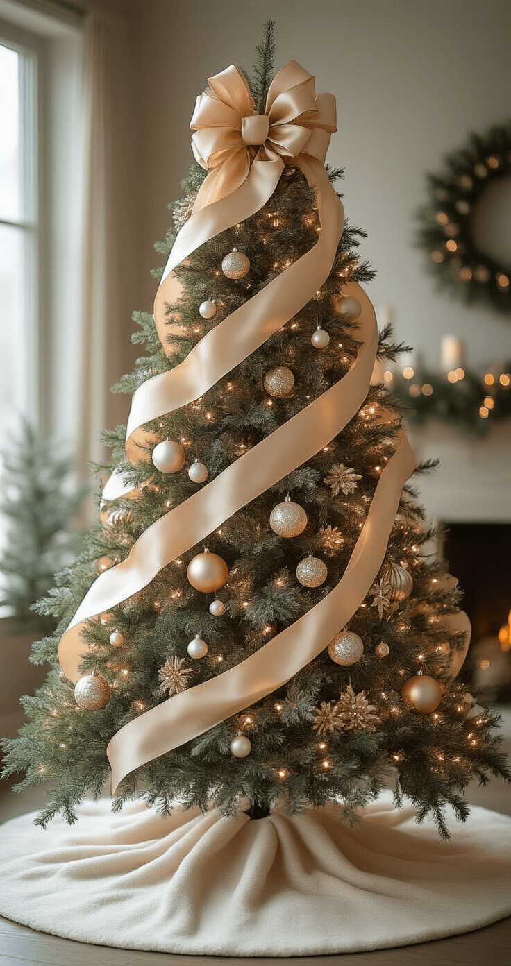 Sophisticated Christmas tree adorned with deep champagne silk ribbons cascading vertically, featuring glass and pearl ornaments in a triangular arrangement. The warm white pre-lit tree with 1000 lights creates an ethereal shimmer, complemented by minimal metallic accents and a cream-colored wool skirt. The soft focus background enhances the tree's architectural beauty, captured from a 45-degree angle.