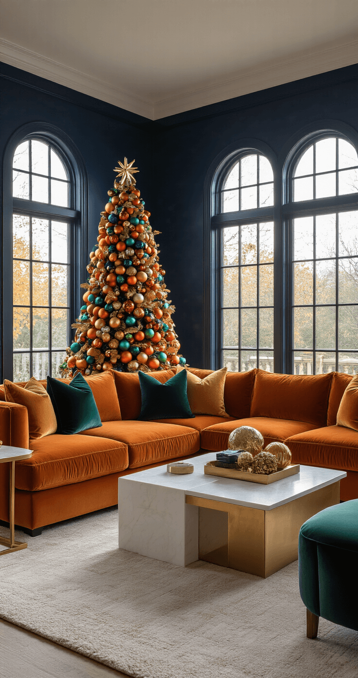 Luxurious living room with deep navy blue walls, a burnt orange velvet sectional sofa, and a modern white geometric Christmas tree adorned with vibrant multicolored glass ornaments. The space features layered textural throw pillows in emerald and mustard, wooden side tables with brass accents, and warm golden hour light streaming through large windows, highlighting intricate decor details.