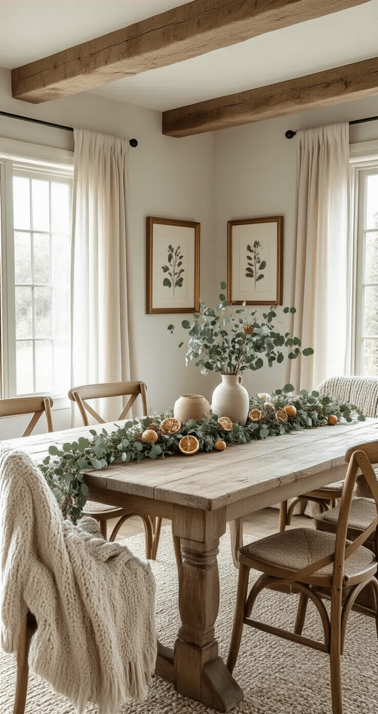 A cozy rustic dining room featuring exposed wooden beams, natural light through linen curtains, and a reclaimed wood farmhouse table adorned with a eucalyptus and dried orange slice garland. Chunky knit throws rest on wooden chairs, while vintage gold-framed botanical prints and handmade ceramic ornaments in earthy tones enhance the soft sage green and cream color palette.