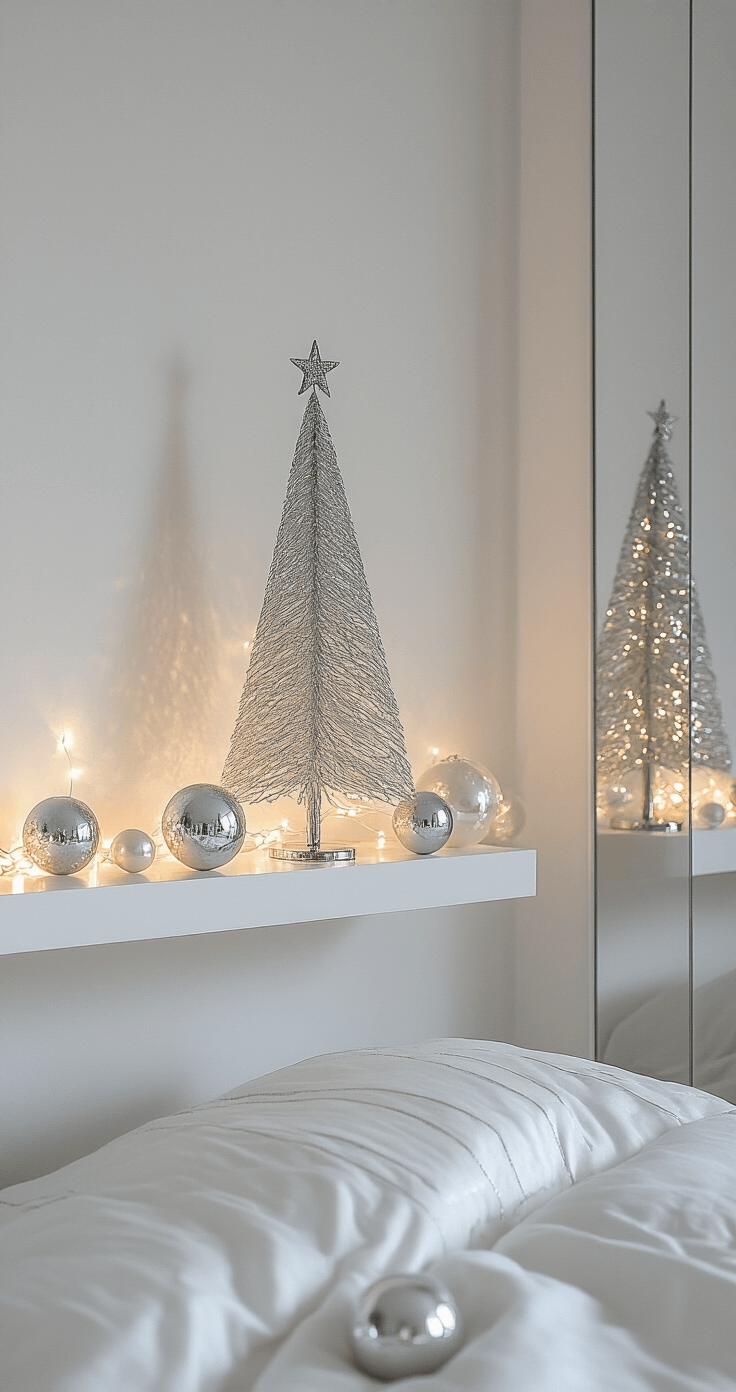 Modern minimalist bedroom corner featuring white walls, a floating shelf adorned with pearl and crystal ornaments, silver mirrored balls reflecting soft LED lights, a statement silver tree topper, a large floor-to-ceiling mirror, crisp white bedding with metallic threading, and serene early morning light.