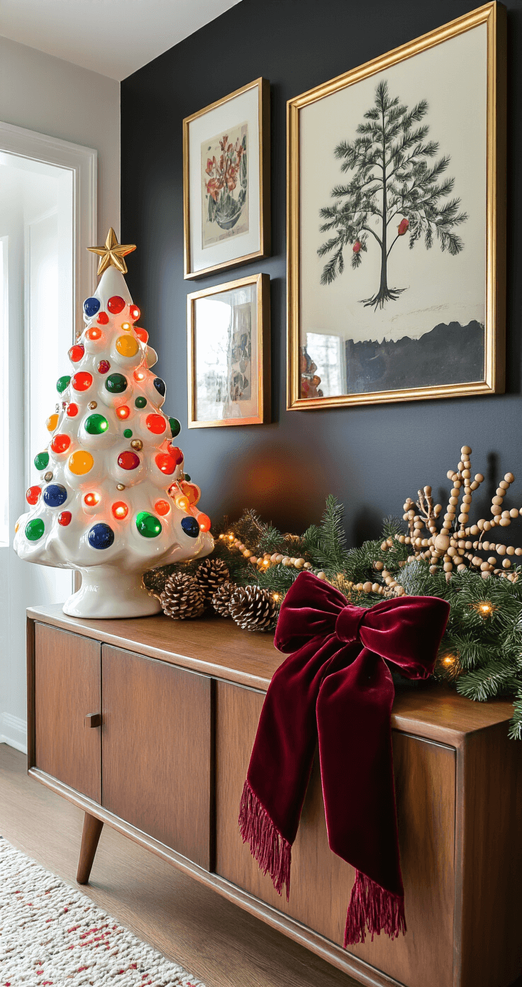 Eclectic entryway featuring a black accent wall, a vintage ceramic Christmas tree adorned with multicolored bubble lights, and mismatched gold frames holding festive artwork. A velvet burgundy bow casually drapes over a mid-century modern console table, complemented by natural wood elements like pinecone garland and wooden bead decorations, all illuminated by warm ambient lighting for a nostalgic atmosphere.