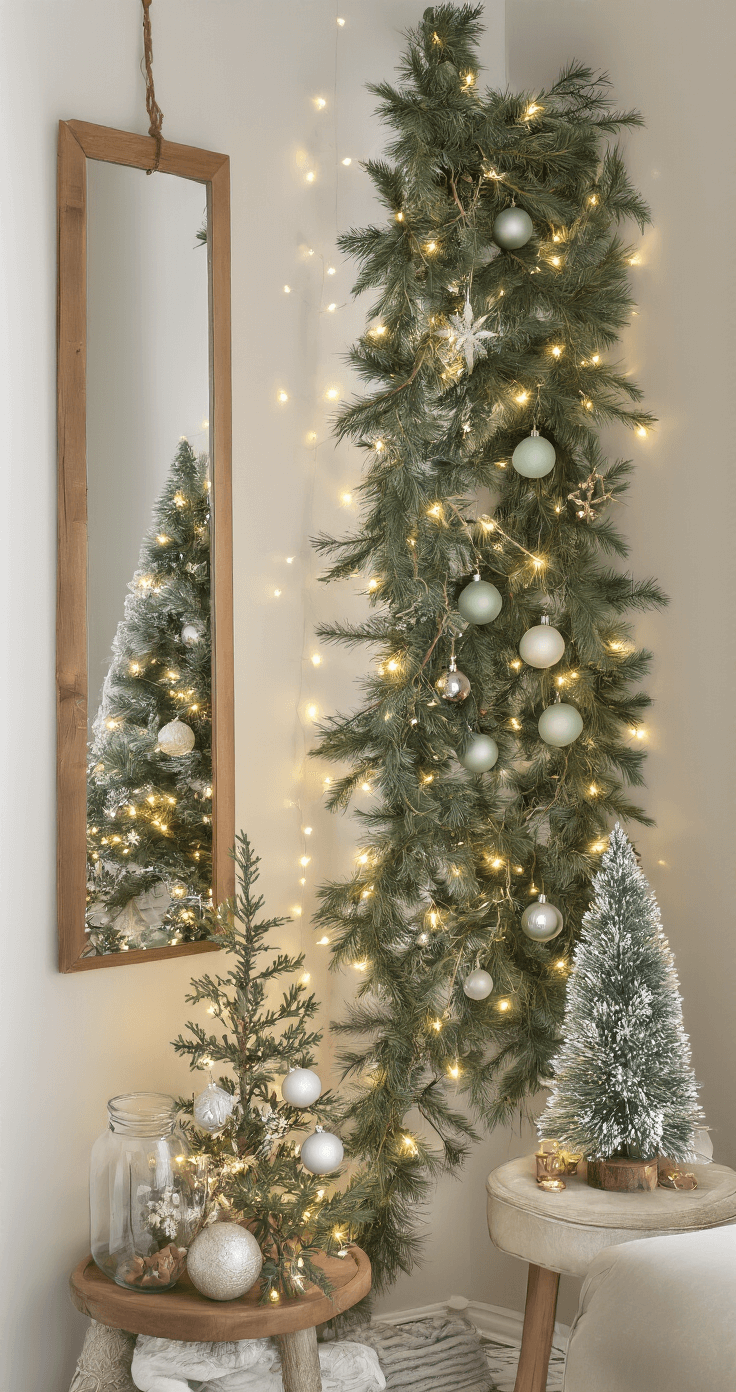 A compact apartment living space featuring a wall-mounted wooden branch Christmas tree adorned with fairy lights, a vertical garland from the ceiling, clear glass vases with coordinated ornaments, a small tabletop tree under three feet, and strategic mirror placement for depth, all in a sage green and cream color palette with soft natural light illuminating the space-saving holiday decor.