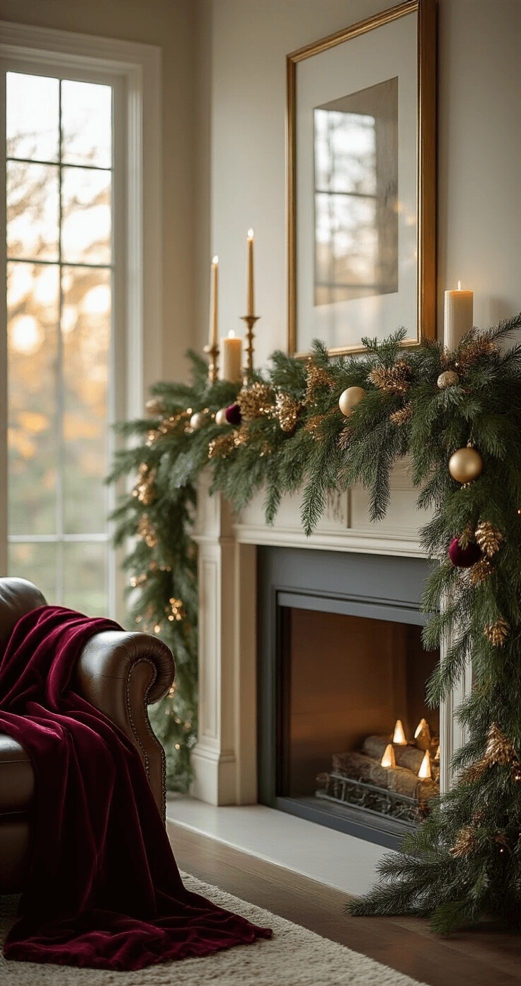 Ultra-realistic living room scene featuring a mantel adorned with cream and champagne gold garland, warm evening light filtering through large windows, brass candlesticks, mercury glass ornaments, velvet burgundy ribbon, and textured wool throws on a leather armchair, all enhancing an intimate and luxurious atmosphere.