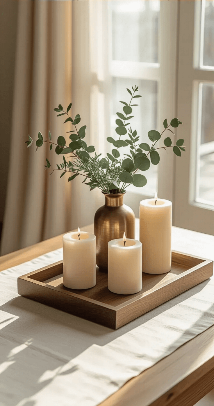 A meticulously styled coffee table vignette featuring a rich wooden tray on a light linen surface, with three pillar candles of varying heights, a small brass vase with fresh winter greenery and eucalyptus, illuminated by soft natural daylight from a large window, showcasing a neutral color palette of cream, white, and warm wood tones.