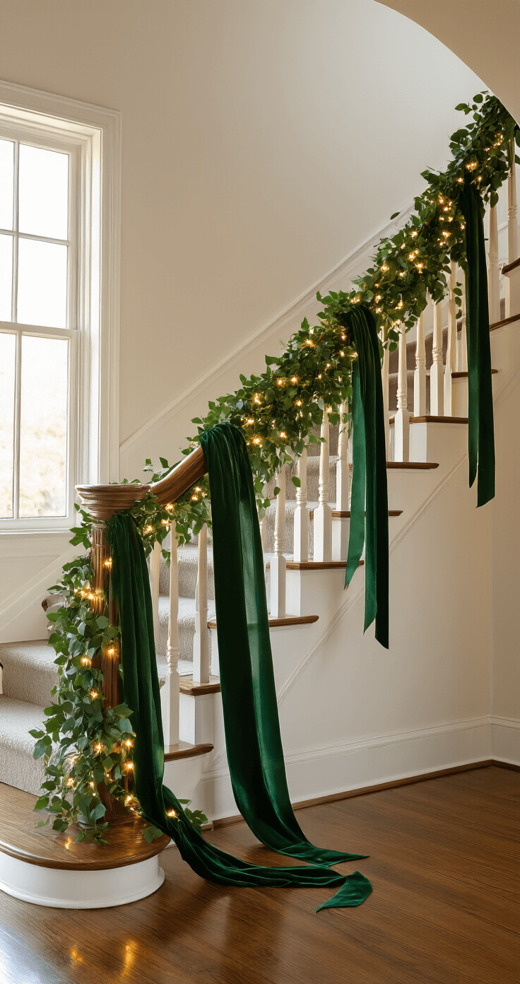 Elegant staircase adorned with a partial greenery garland on the banister, deep emerald velvet ribbons cascading throughout, warm white string lights softly illuminating polished hardwood floors, and captured in the golden hour lighting for an inviting atmosphere.