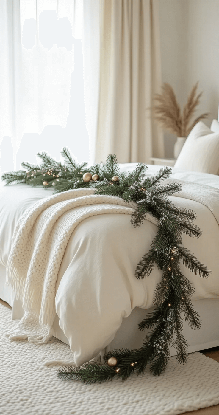 A minimalist bedroom featuring a luxurious ivory linen bed adorned with a simple holiday garland, soft winter branches, and a cream wool throw, illuminated by soft morning light through sheer curtains, captured from a low angle.