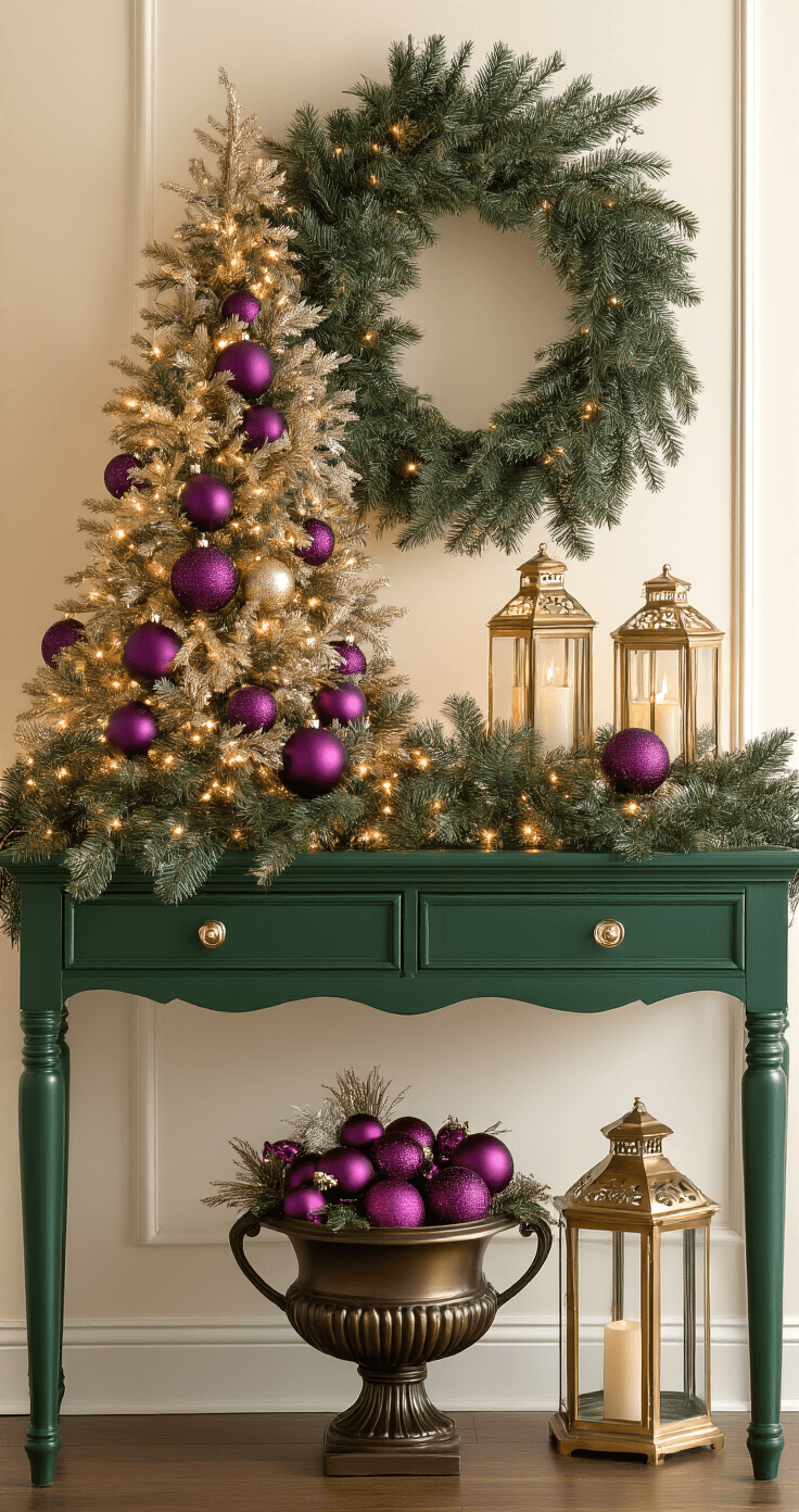 Elegant entryway display featuring an emerald green console table, 20-inch pre-lit metallic Christmas tree with deep purple ornaments, gold-rimmed lanterns, faux pine garland with warm white LED lights, and a bronze urn filled with ruby baubles, all against a soft cream wall.