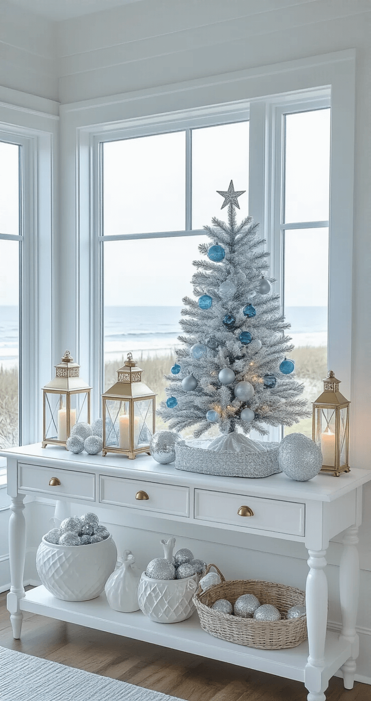 Coastal-inspired Christmas entryway featuring a white console table near beach-view windows, adorned with a pre-lit tabletop tree, glass ornaments, and gold accents, with driftwood and ceramic vessels, illuminated by fairy lights.