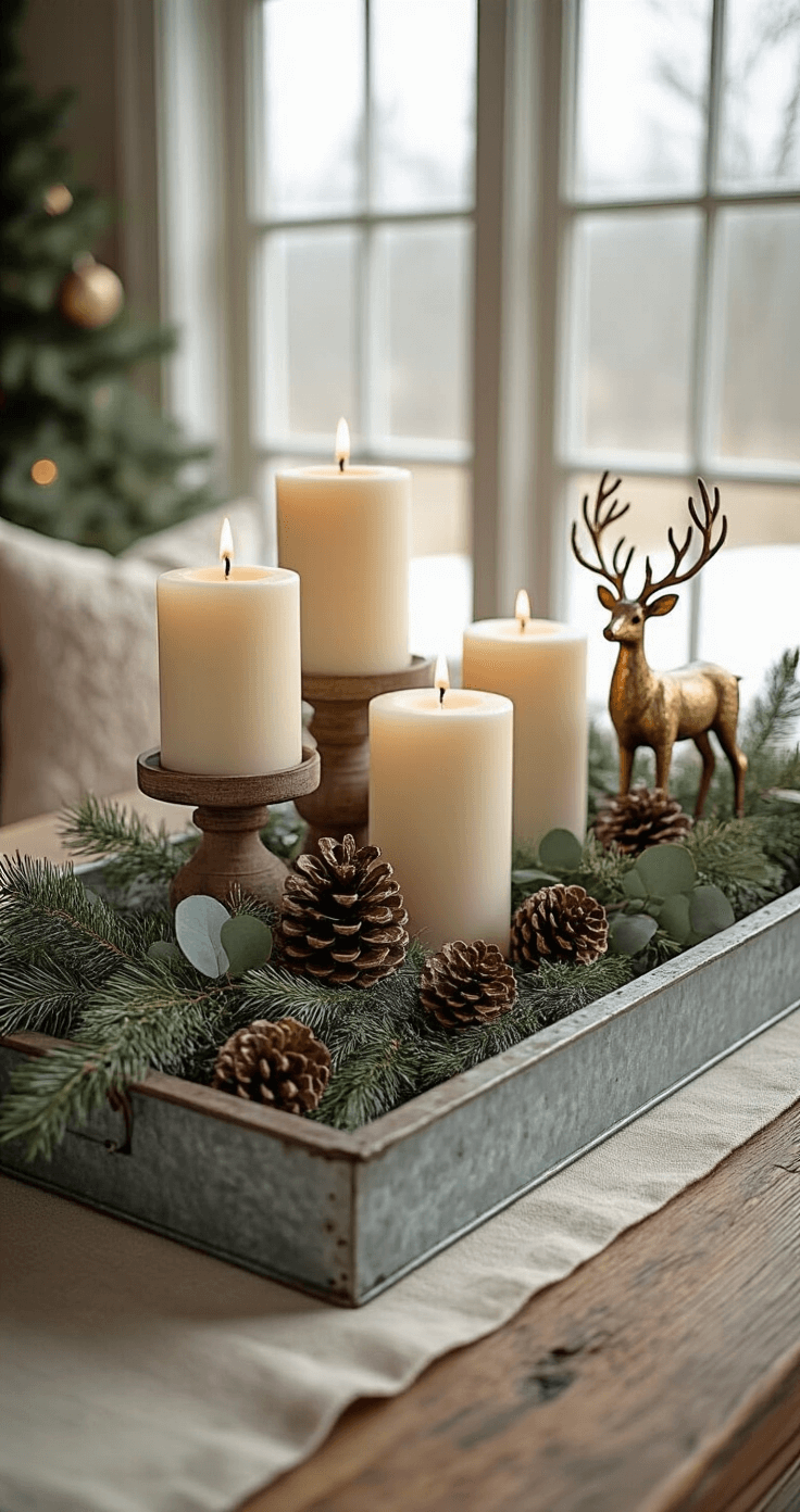 A beautifully arranged rustic farmhouse coffee table scene featuring a galvanized metal tray with white pillar candles, pine cones, eucalyptus sprigs, and a vintage brass reindeer, set against a natural linen runner in muted cream and sage green, illuminated by soft morning light filtering through frosted windows.