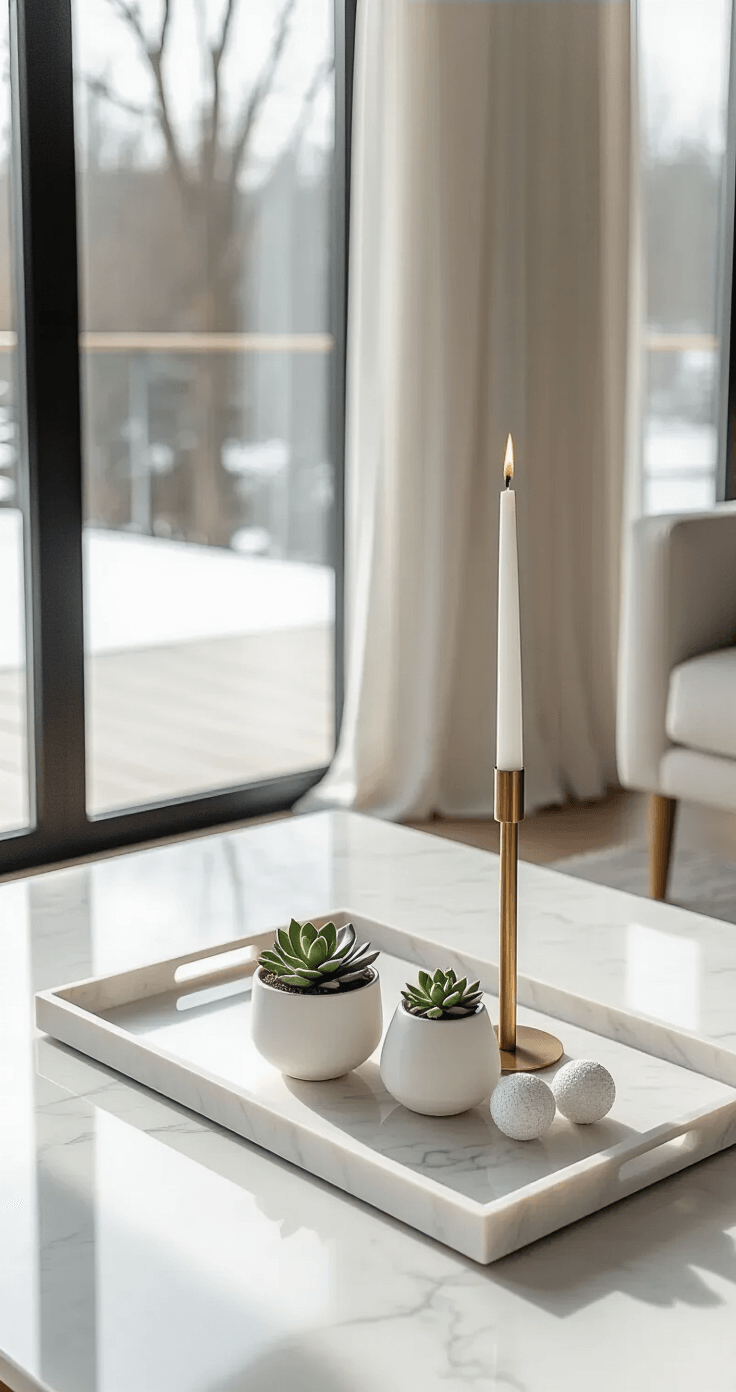 A modern minimalist coffee table styled for Christmas, featuring a sleek white marble tray with a single brass taper candle, a white ceramic pot with a small succulent, and scattered white ceramic ornaments in a clean architectural living room with floor-to-ceiling windows. The space showcases stark white and warm wood tones, strategic negative space, and soft diffused natural light creating crisp shadows, viewed from a 45-degree overhead angle.