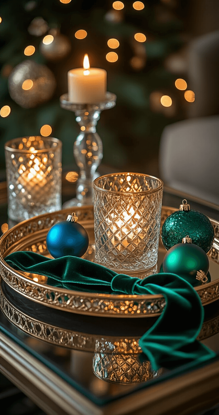 A glamorous holiday coffee table adorned with a mirrored gold tray, jewel-toned velvet ribbon, and crystal candle holders casting intricate light patterns, featuring emerald and sapphire glass ornaments and clustered mercury glass votives, all in rich jewel tones with dramatic evening lighting.