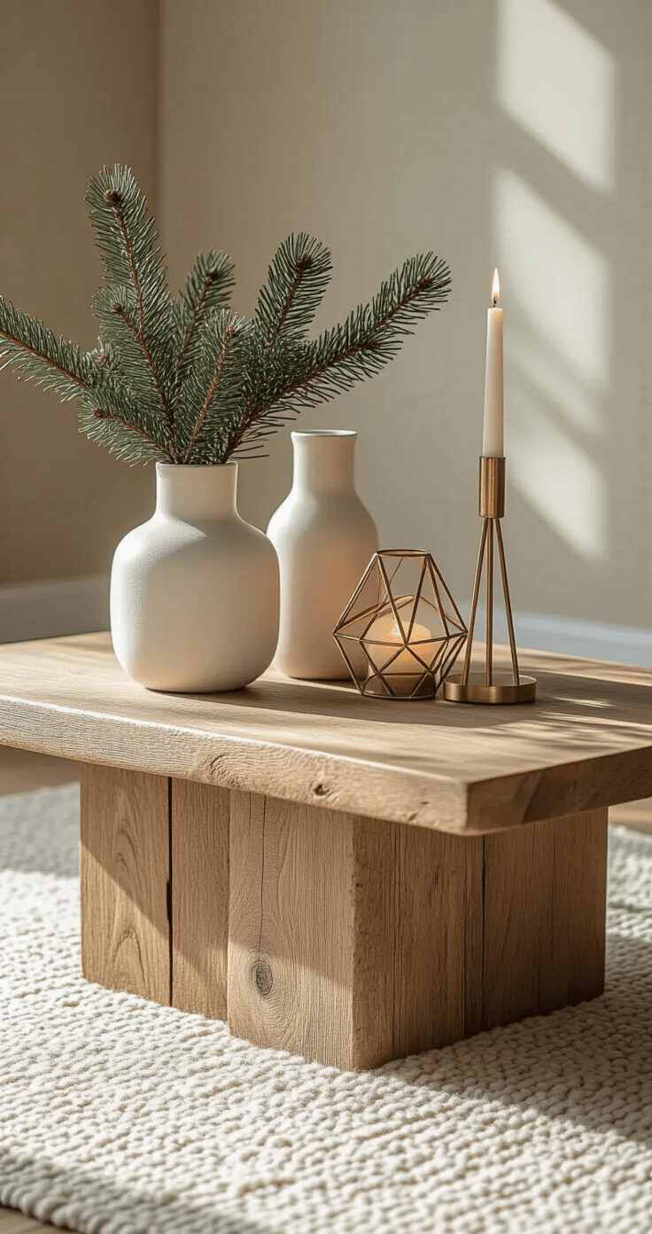 A rustic-modern Christmas coffee table featuring a natural wood base, white ceramic vases, and brass geometric candleholders. Minimalist pine branch arrangements are strategically styled with negative space, using a muted color palette of cream, sage, and warm wood tones. The slightly off-center composition is enhanced by soft winter light and shadows, captured from an overhead 30-degree angle.