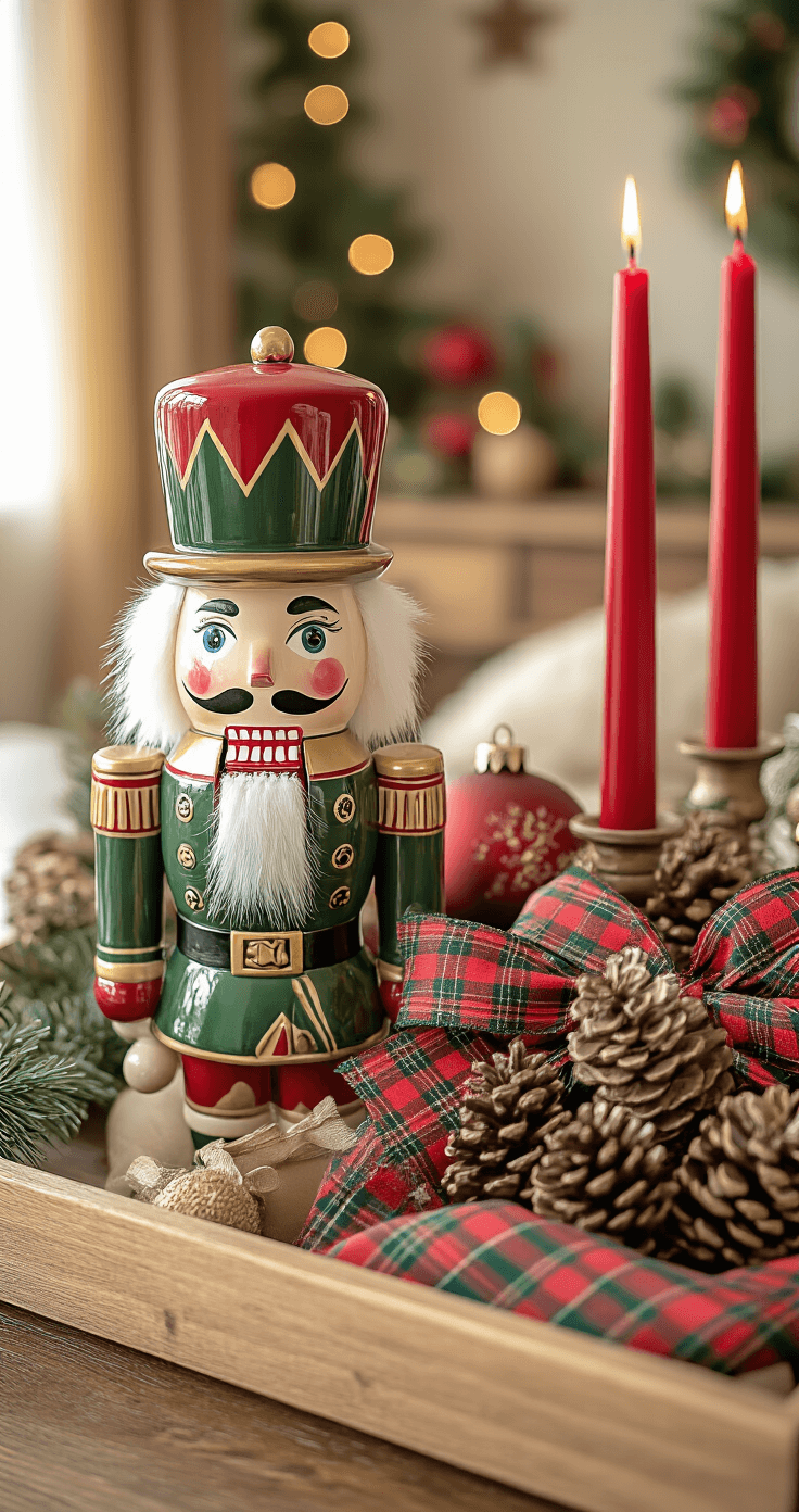 A cozy Christmas coffee table scene featuring a vintage ceramic nutcracker, classic red taper candles, plaid ribbon, and scattered pine cones, all arranged on a warm wooden tray. Soft golden afternoon light enhances the nostalgic atmosphere, with a red and forest green color palette and touches of natural wood. Vintage ornaments and family heirlooms add sentimental charm, captured from a slightly angled perspective to highlight the layered decor.