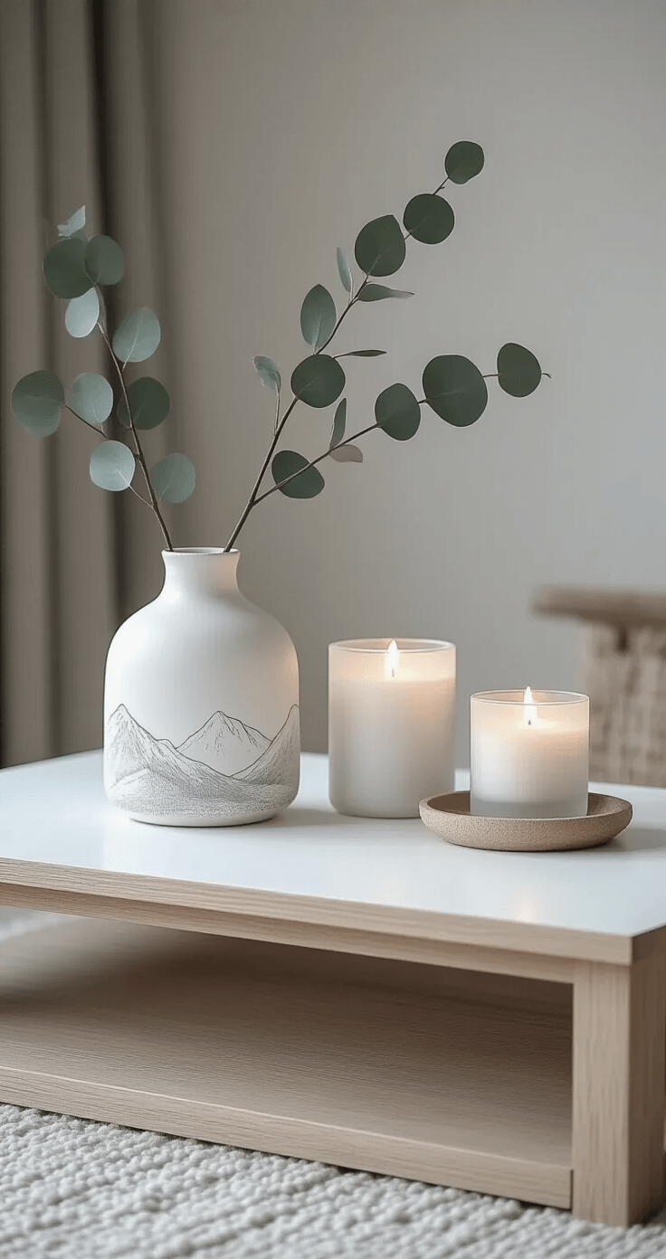 A minimalist Scandinavian-inspired winter coffee table featuring a white ceramic landscape, a single eucalyptus branch, frosted glass candle holders, and pale wood elements, all arranged with strategic negative space and soft, diffused natural light enhancing the monochromatic color palette of whites and soft grays.