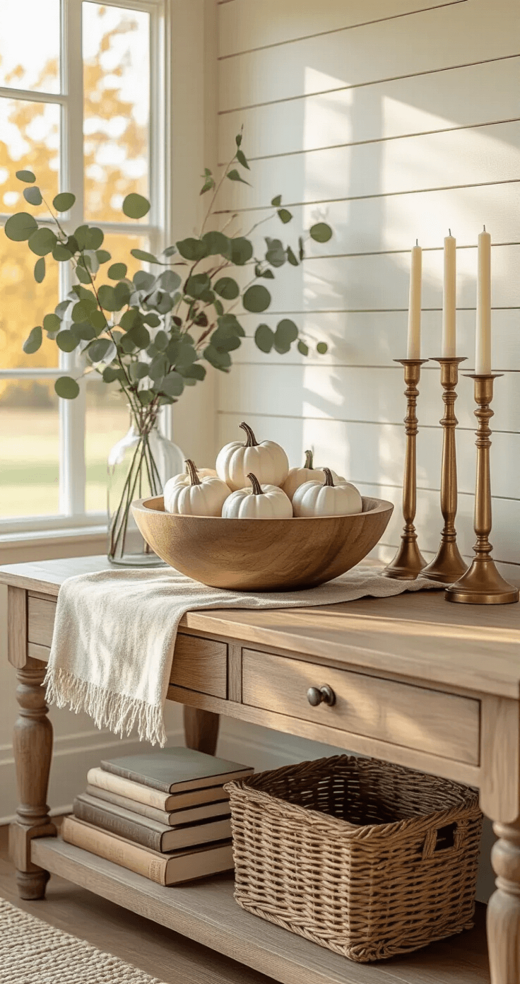 Photorealistic rustic farmhouse entry table styled for autumn, featuring a wooden dough bowl with white ceramic pumpkins, brass candlesticks, a tall glass vase with eucalyptus branches, and a stack of vintage books, all against a warm ivory shiplap wall with golden sunlight streaming through a window.