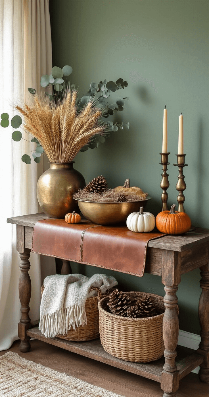 Eclectic bohemian fall entry table setup featuring a vintage wooden table against a deep sage green wall, adorned with a distressed leather runner, a large brass dough bowl filled with dried wheat and vibrant ceramic pumpkins, mismatched antique brass candlesticks, and a hammered copper vase with eucalyptus and magnolia branches, all illuminated by soft afternoon light filtering through sheer linen curtains.