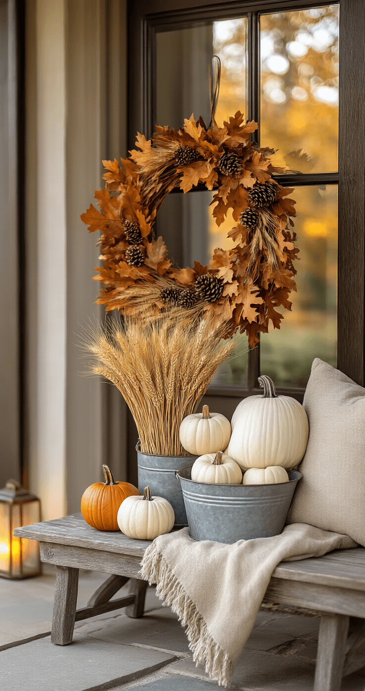 Intimate autumn front door vignette featuring a handcrafted wreath of dried wheat and oak leaves, a galvanized milk pail with stacked white and cream pumpkins, warm solar lights along a stone pathway, and a burnt sienna throw pillow on a wooden bench, all bathed in soft morning light.