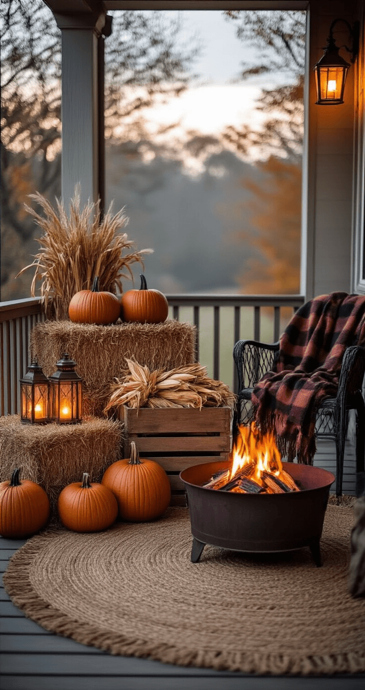 Cozy autumn back porch at dusk with stacked hay bales and heirloom pumpkins, woven jute rug, glowing battery-operated lanterns, vintage crate with dried corn, cast iron fire pit, and a wool blanket draped over a wrought iron chair, all enveloped in a misty November evening.