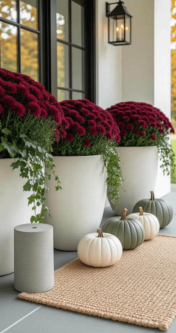 Minimalist modern farmhouse front entry adorned with fall decor, showcasing oversized white ceramic planters filled with deep burgundy mums and trailing ivy, asymmetric concrete pedestals with white and sage green pumpkins, a handwoven natural fiber welcome mat in muted taupe, and architectural steel lanterns with flickering LED candles, all captured in soft morning light with a neutral color palette and autumn accents.