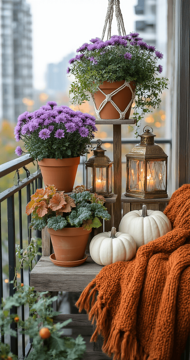 A cozy rustic balcony decorated for fall, featuring varying heights of wooden plant stands with terracotta pots filled with purple asters, ornamental kale, and miniature white pumpkins. Macramé hangers with trailing plants, vintage brass lanterns, and a burnt orange woven wool throw enhance the intimate setting, illuminated by warm string lights against a blurred urban cityscape.