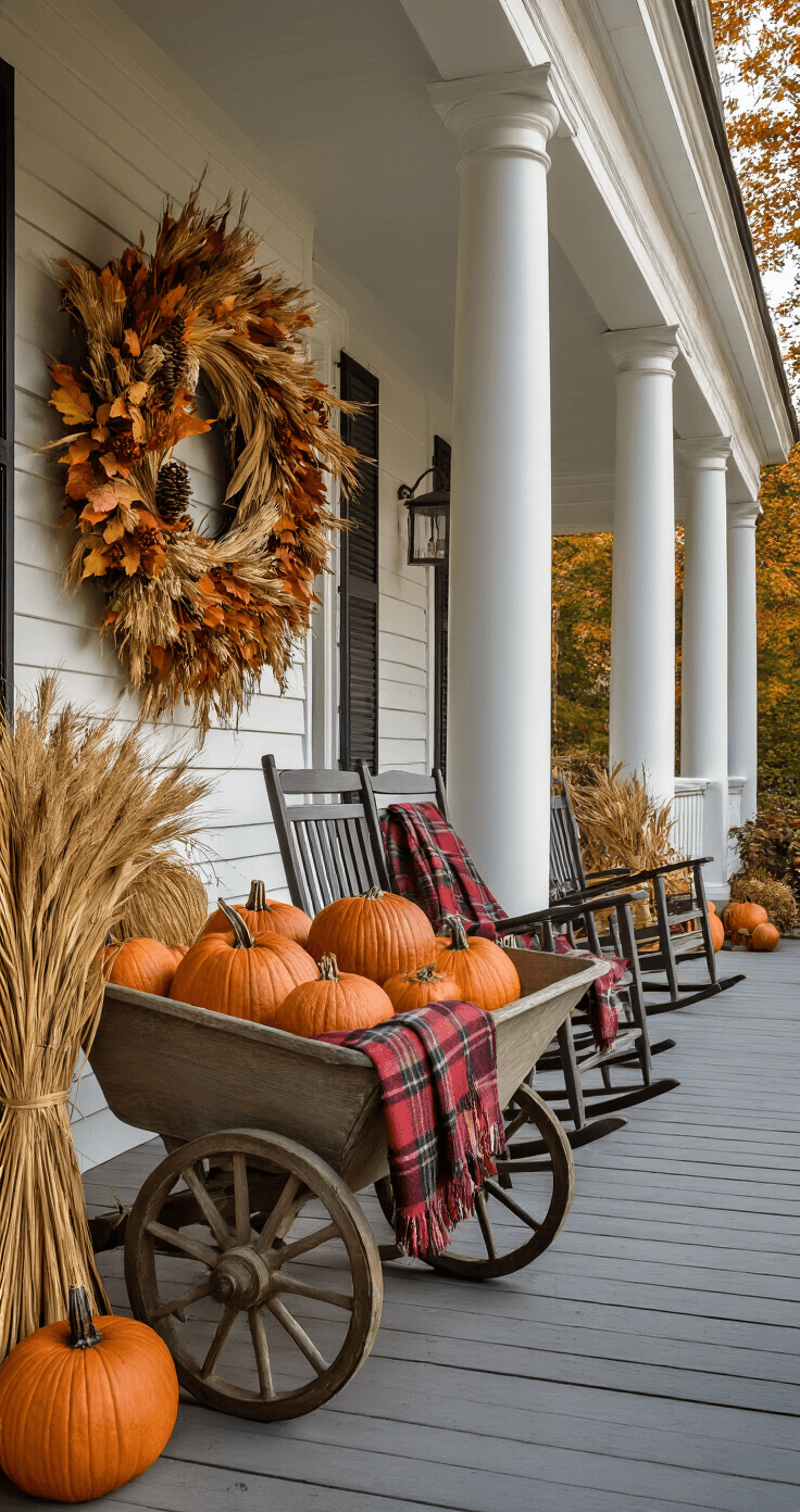 Traditional Southern porch in autumn, featuring a wide wrap-around design with white columns, decorated with pumpkins, corn stalks, and layered plaid blankets on antique rocking chairs, all illuminated by soft evening light.