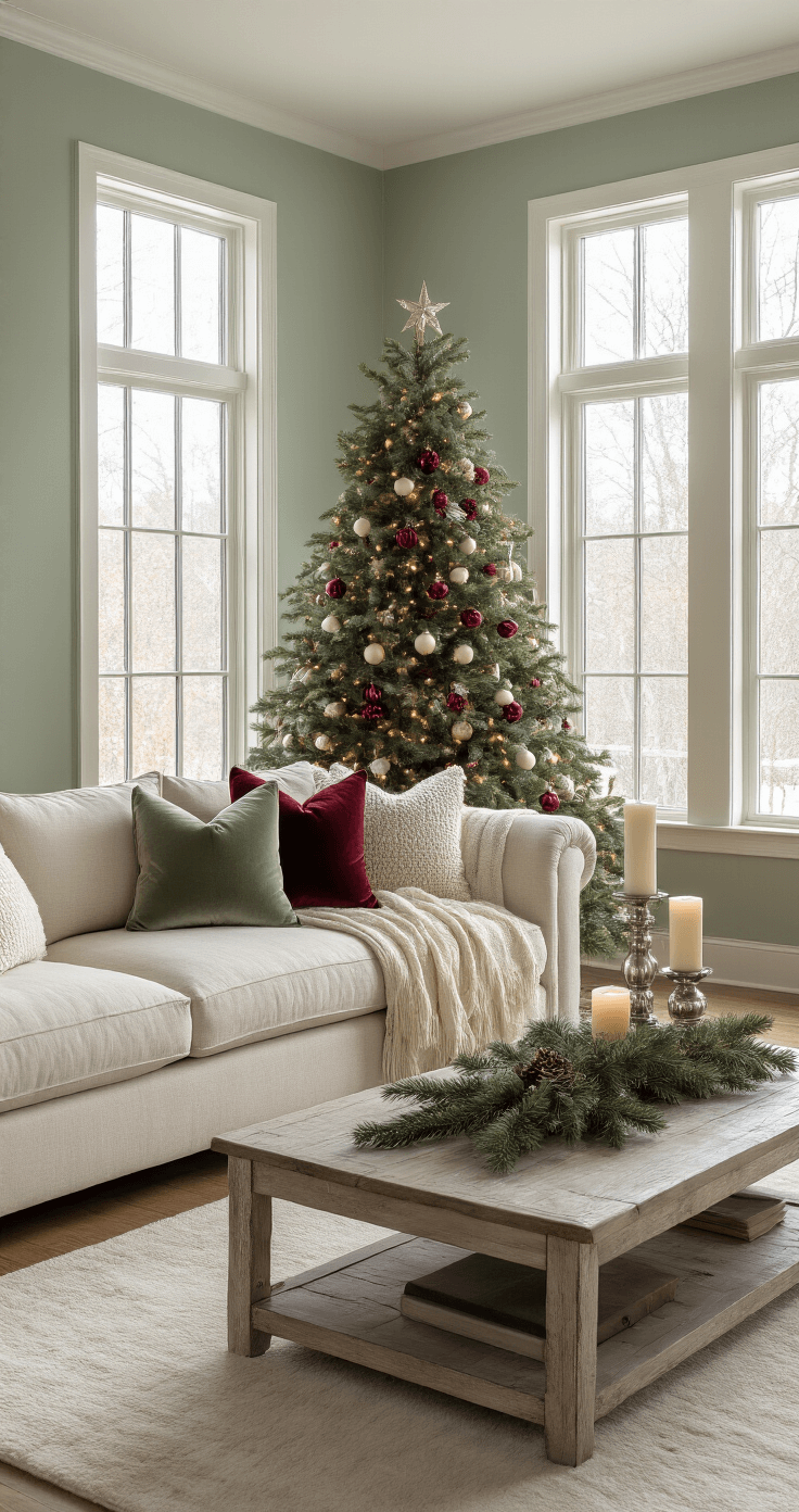 Ultra-realistic interior of a modern living room featuring soft sage green walls, large floor-to-ceiling windows allowing gentle winter sunlight, a 7.5-foot pre-lit noble fir Christmas tree near a bay window, vintage glass ornaments in cranberry and ivory, a cream linen sofa with textured throw pillows, hardwood floors with a plush neutral area rug, and silver candle holders on a distressed wood coffee table adorned with fresh pine garland, all captured in soft diffused natural lighting with a focus on the tree's ornaments.