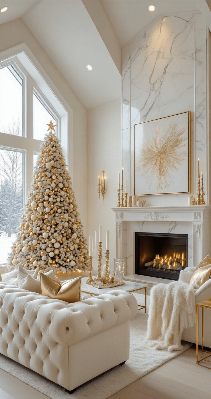 Sophisticated Christmas living room featuring a cathedral ceiling, white marble fireplace with gold mantel, elegant cream tufted sectional sofa, pre-decorated tree with champagne and white ornaments, and a soft golden glow from late afternoon light.