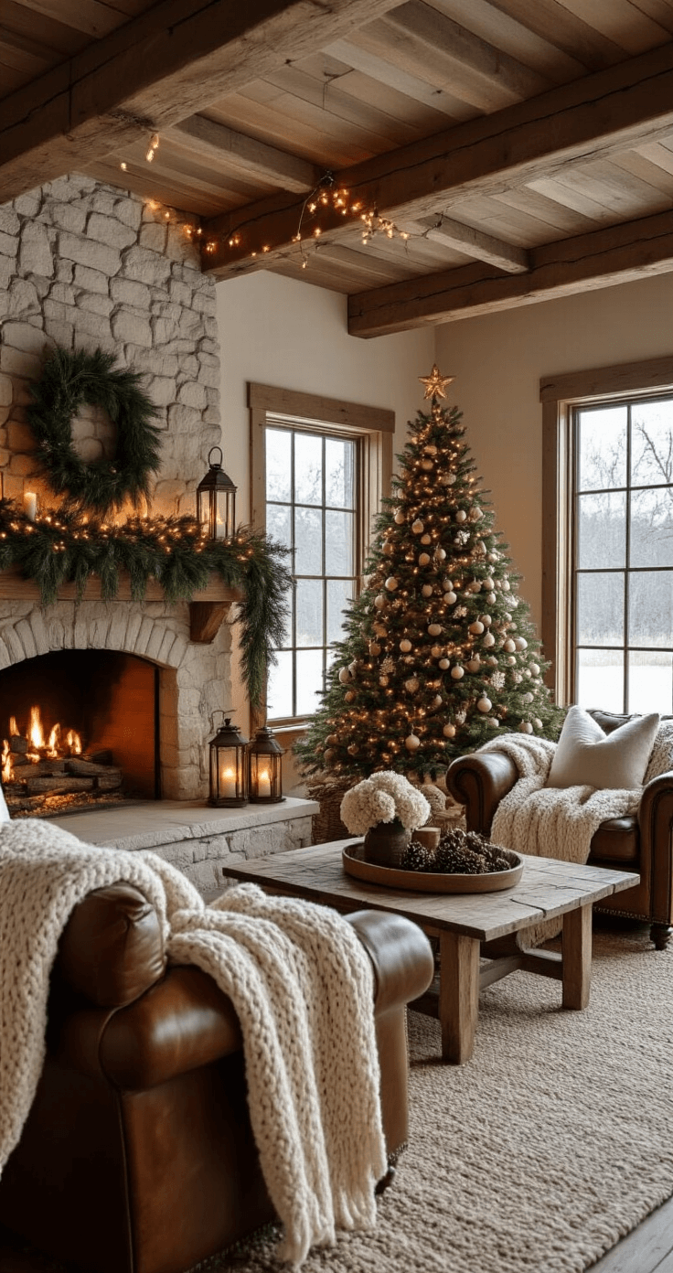 Cozy rustic farmhouse living room with exposed wooden beams, large stone fireplace adorned with natural pine garland, vintage leather armchairs draped in chunky knit throws, and a 6-foot flocked Christmas tree decorated with woodland-themed ornaments, all bathed in warm amber light, creating an intimate holiday atmosphere against a snowy landscape outside.