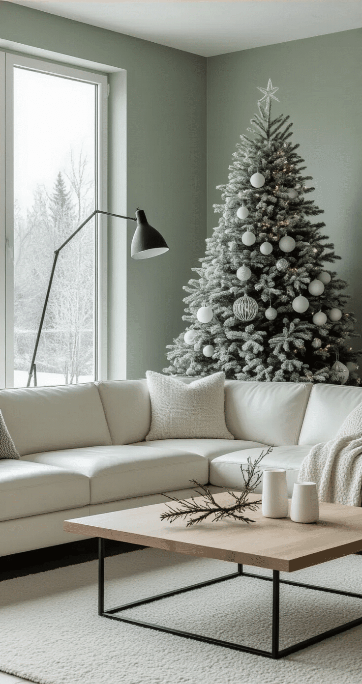 A minimalist Scandinavian living room featuring pale sage walls, a large modern Christmas tree adorned with geometric white and silver ornaments, a sleek white leather sectional, and a simple wooden coffee table with a single pine branch and white ceramic candle holders. The room is illuminated by natural light from large floor-to-ceiling windows displaying a frost-covered landscape, with a light gray textured area rug and subtle holiday styling in a neutral color palette.