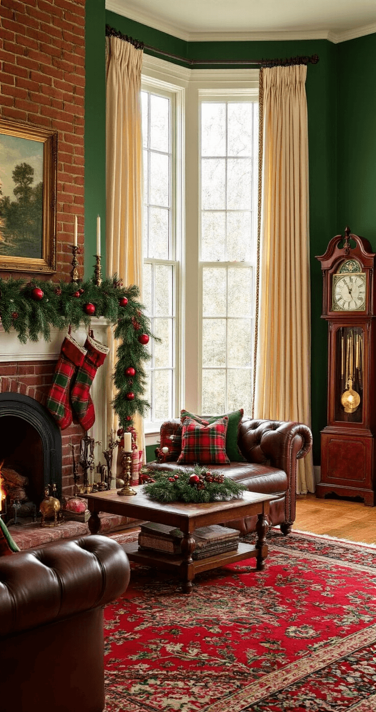 Traditional Christmas living room featuring rich forest green walls, a large bay window with cream silk curtains, a red brick fireplace adorned with pine garland and vintage ornaments, an antique leather Chesterfield sofa with plaid pillows, and an oriental rug, all bathed in warm golden hour lighting.