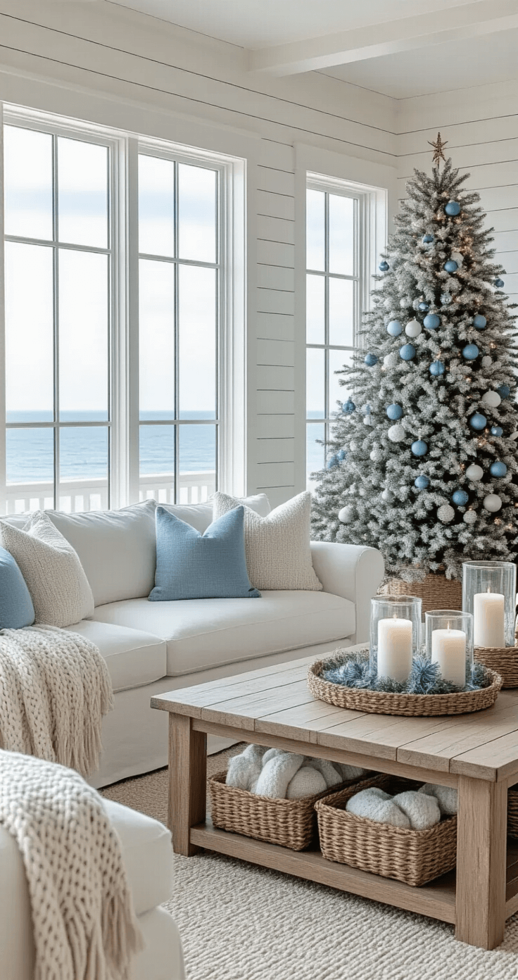 Coastal Christmas living room featuring soft white shiplap walls, large ocean-view windows, a 5-foot flocked tree decorated with blue and silver ornaments, a white linen sectional, natural driftwood coffee table, and seagrass baskets with chunky knit throws, all bathed in natural light for a serene holiday atmosphere.